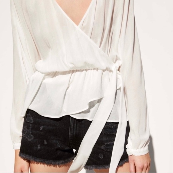 Zara Sheer Faux-Wrap Blouse w Tie Dolman Sleeve Ruffled Collared White Sz S - Picture 10 of 14